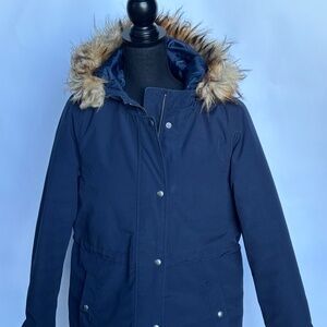 J crew women’s navy puffer jacket coat fur size 00